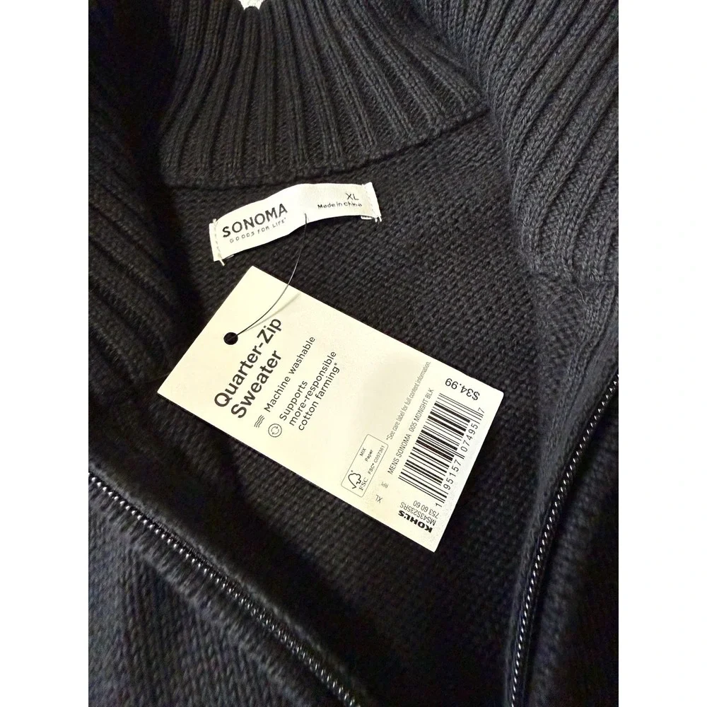 NWT‎ Sonoma Quarter Zip Black Sweater Mens Size XL